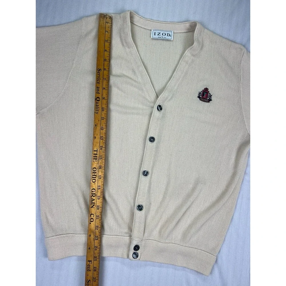 Vintage IZOD Cardigan Sweater L Made In USA Cream Knit‎ Crest Logo Preppy 80’s